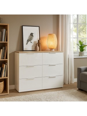 Vista ambientata Mobile contenitore doppio cassetto in legno colore "Bianco Laccato/Rovere Riviera" con 6 cassetti modello Orbis Totò Piccinni