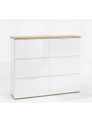 Vista diagonale Cassettiera a due cassetti in legno colore "Bianco Laccato/Rovere Riviera" con 6 cassetti modello Orbis Totò Piccinni