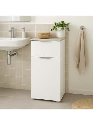 Vista ambientata mobile colonna bagno 1 anta e 1 cassetto cemento/bianco laccato modello Orbis Totò Piccinni