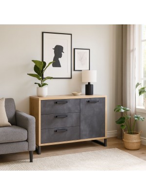 Vista ambientata Mobile contenitore in legno colore "Cemento/Rovere Invecchiato" con 3 cassetti e 1 anta modello Sylva Totò Piccinni