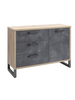 Vista diagonale Mobile contenitore in legno colore "Cemento/Rovere Invecchiato" con 3 cassetti e 1 anta modello Sylva Totò Piccinni