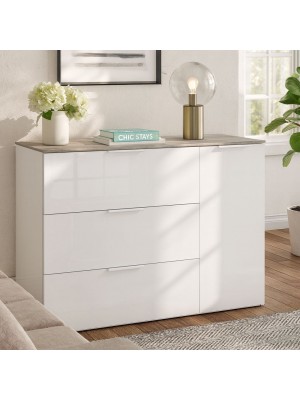 Vista ambientata Mobile contenitore moderno in legno colore "Cemento/Bianco Laccato" con 3 cassetti e 1 anta modello Zenit Totò Piccinni