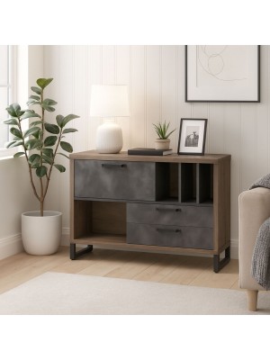 Vista ambientata Mobile contenitore moderna in legno colore "Rovere Invecchiato/Cemento" modello Sylva Totò Piccinni