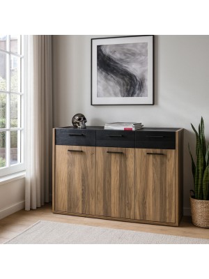 Vista ambientata Mobile contenitore in legno colore "Noce Brera/Nero Chalet" 3 cassetti e 3 ante modello Bali Totò Piccinni