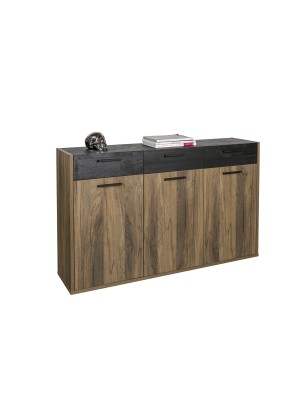 Vista diagonale Mobile contenitore in legno colore "Noce Brera/Nero Chalet" 3 cassetti e 3 ante modello Bali Totò Piccinni