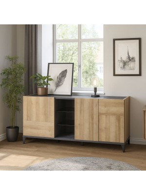 Vista ambientata Mobile contenitore moderno in legno colore "Rovere/Grigio Antracite" 3 ante e 1 vano modello Nova Totò Piccinni