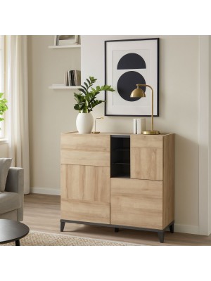 Vista ambientata Mobile contenitore moderno in legno "Rovere/Grigio Antracite" 3 ante e 2 ripiani modello Nova Totò Piccinni