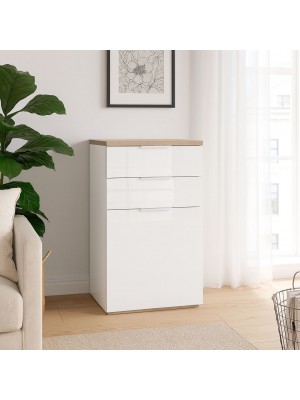 Vista ambientata Comò in legno colore "Bianco/Rovere Riviera" con 2 cassetti e 1 anta modello Orbis Totò Piccinni