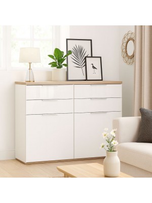Vista ambientata Mobile contenitore in legno colore "Bianco Laccato/Rovere Riviera" con 4 cassetti e 2 ante modello Orbis Totò Piccinni