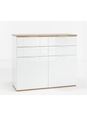 Vista diagonale Mobile contenitore in legno colore "Bianco Laccato/Rovere Riviera" con 4 cassetti e 2 ante modello Orbis Totò Piccinni