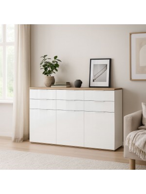 Vista ambientata Mobile contenitore in legno colore "Bianco Laccato/Rovere Miele" con 6 cassetti e 3 ante modello Orbis Totò Piccinni