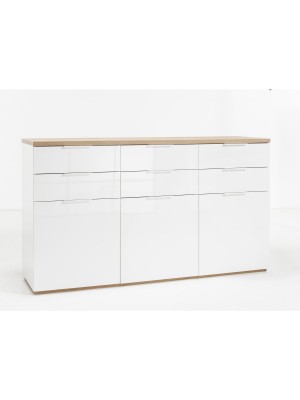 Vista diagonale Mobile contenitore in legno colore "Bianco Laccato/Rovere Miele" con 6 cassetti e 3 ante modello Orbis Totò Piccinni