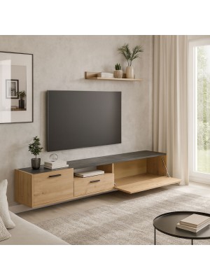 Vista ambientata Mobile porta tv in legno colore "Nero Chalet/Rovere Miele" 1 cassetto, 1 anta, 1 ribalta modello Kroma Totò Piccinni