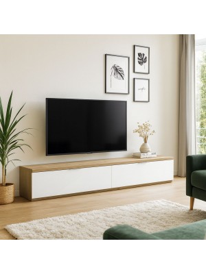 Vista ambientata Mobile porta tv design in legno colore "Bianco Laccato/Rovere Miele" con 2 ribalte modello Orbis Totò Piccinni