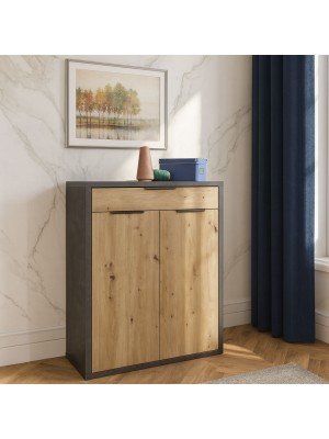 Vista ambientata Mobile contenitore in legno colore "Grigio Cemento/Rovere Miele" con 2 ante e 1 cassetto modello Dubai Totò Piccinni