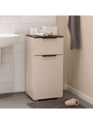 Vista ambientata Colonna Bagno in legno colore Cashmere/Effetti Marmo Nero con 1 ante e 1 cassetto modello Armonia Totò Piccinni