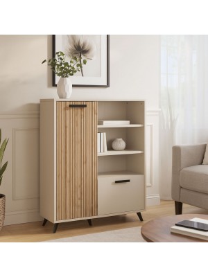 Vista ambientata Libreria in legno colore "Cannettato/Cashmere" con 2 ante e 3 vani modello Zefiro Totò Piccinni