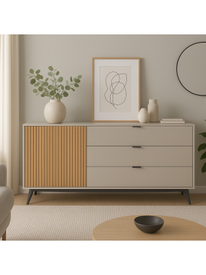 Vista ambientata Madia Cashmere/Rovere Cannettato 1 anta 3 cassetti modello Mandala Totò Piccinni
