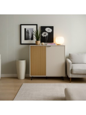 Vista ambientata frontale Madia in Legno Cashmere/Rovere Cannettato 2 ante modello Mandala Totò Piccinni