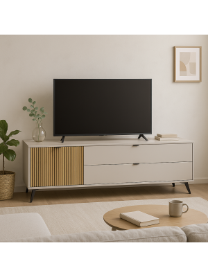 Vista ambientata Porta TV Cashmere/Rovere Cannettato 1 anta 2 cassetti modello Mandala Totò Piccinni