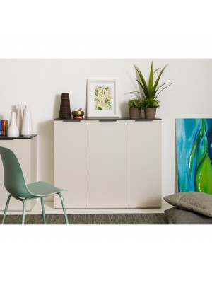 vista frontale ambientata Base Multiuso in legno colore" Cashmere/Effetto Marmo Nero" con 3 ante modello Teca Totò Piccinni