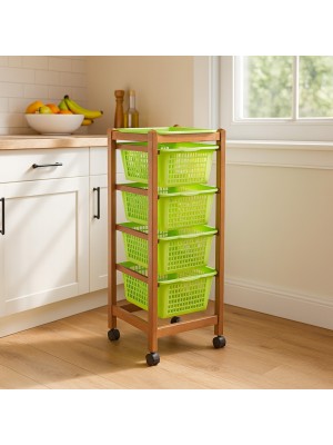 Vista ambientata Carrello salvaspazio da cucina con portafrutta in legno colore Ciliegio Verde Chiaro con 4 cestelli