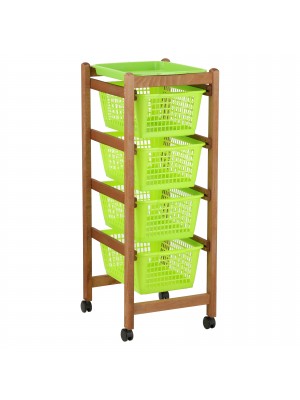 Carrello JOLLY salvaspazio in legno per cucina portafrutta con 4 cestelli e rotelle (Ciliegio Verde Chiaro)