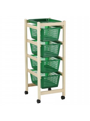 Carrello JOLLY salvaspazio in legno per cucina portafrutta con 4 cestelli e rotelle (Naturale Verde Scuro)