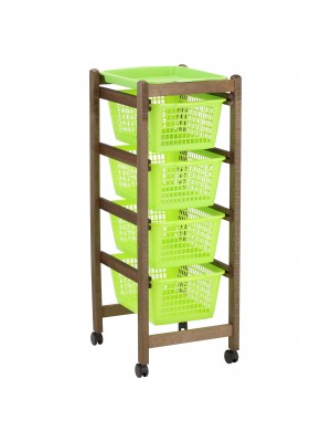 Carrello JOLLY salvaspazio in legno per cucina portafrutta con 4 cestelli e rotelle (Noce Verde Chiaro)