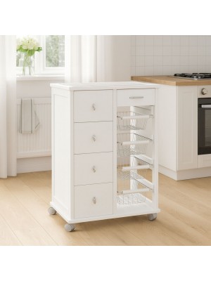 Vista ambientata Carrellino da cucina in legno salvaspazio colore Bianco modello Pokerino Totò Piccinni