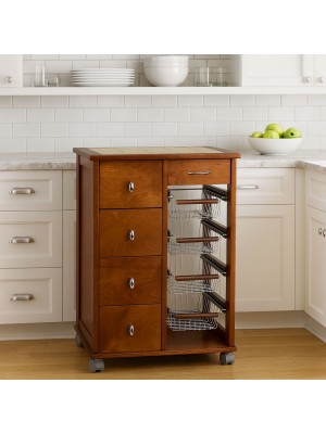 Vista ambientata Carrellino da cucina in legno salvaspazio colore Ciliegio modello Pokerino Totò Piccinni