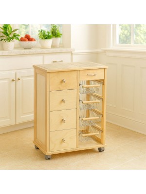 Vista ambientata Carrellino da cucina in legno salvaspazio colore Naturale modello Pokerino Totò Piccinni