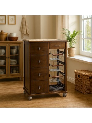 Vista ambientata Carrellino da cucina in legno salvaspazio colore Noce modello Pokerino Totò Piccinni