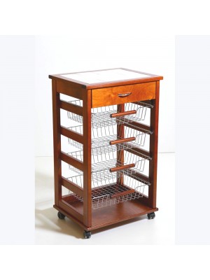 Carrello con Cassetto in Legno da Cucina con Rotelle Mattonelle e Cestelli in Acciaio (Ciliegio)