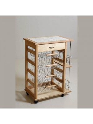 carrello da cucina con cassetto e bottigliera in legno con cestelli in acciaio naturale 