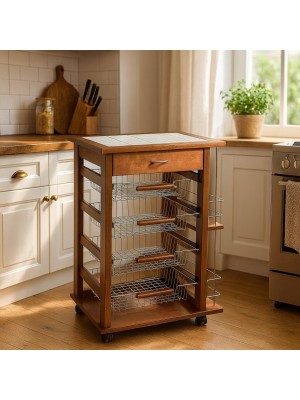 Vista ambientata Carrello portafrutta con cassetto e bottigliera in legno e cestelli in acciaio colore Noce Totò Piccinni