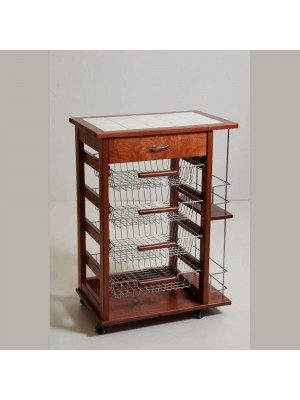 Carrello portafrutta con cassetto e bottigliera in legno e cestelli in acciaio colore Ciliegio Totò Piccinni