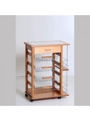 carrello da cucina con cassetto e bottigliera in legno con cestelli in acciaio rovere