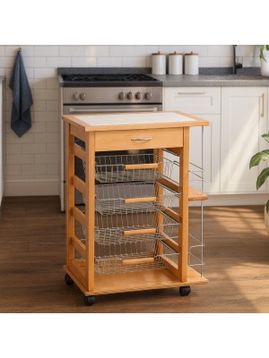 Vista ambientata Carrello portafrutta con cassetto e bottigliera in legno e cestelli in acciaio colore Rovere Totò Piccinni