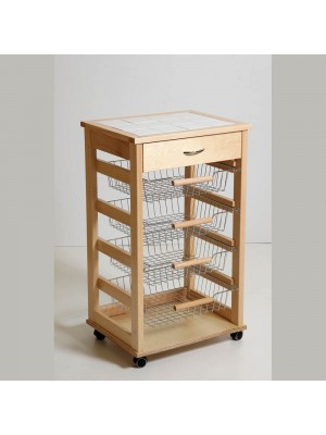 carrello da cucina con cassetto in legno e cestelli in acciaio naturale