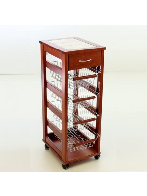 Carrello da cucina moderno in legno colore Ciliegio con rotelle e cestelli in acciaio Totò Piccinni