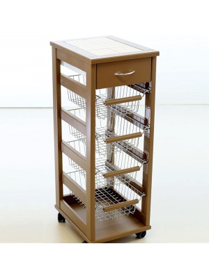 Carrello da cucina moderno in legno colore Fango con rotelle e cestelli in acciaio Totò Piccinni