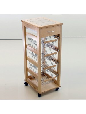 carrello salvaspazio da cucina in legno naturale con cestelli in acciaio 