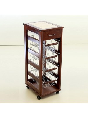 carrello salvaspazio da cucina in legno noce con cestelli in acciaio