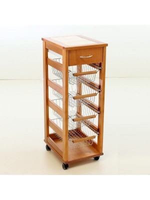 carrello salvaspazio da cucina in legno rovere con cestelli in acciaio