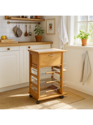 Vista ambientata Carrello salvaspazio portapane da cucina in legno colore Rovere con cestelli in acciaio Totò Piccinni