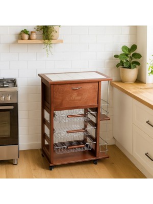 Vista ambientata Carrello salvaspazio portapane da cucina in legno colore Noce con cestelli in acciaio Totò Piccinni