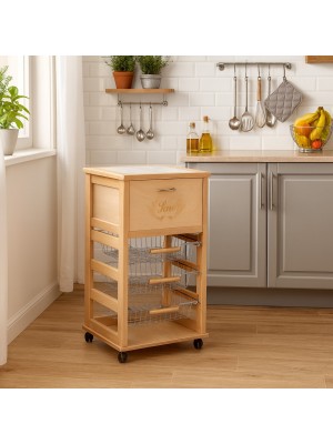 Vista ambientata Carrellino da cucina portapane in legno e cestelli in acciaio colore Naturale con rotelle Totò Piccinni