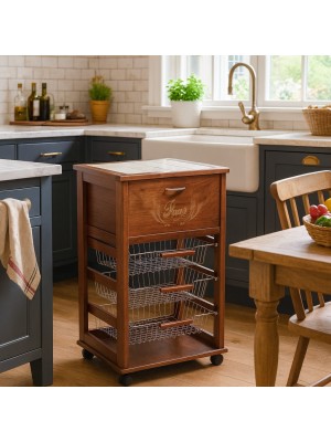 Vista ambientata Carrellino da cucina portapane in legno e cestelli in acciaio colore Noce con rotelle Totò Piccinni