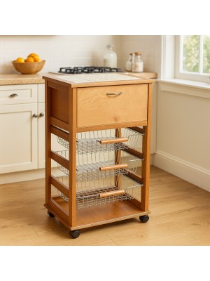 Vista ambientata Carrellino da cucina portapane in legno e cestelli in acciaio colore Rovere con rotelle Totò Piccinni